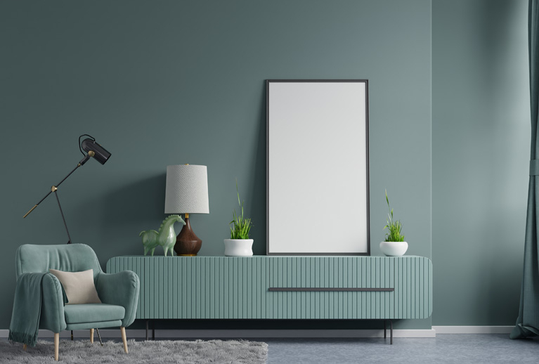 Dark Green Wall in Living Room Interior